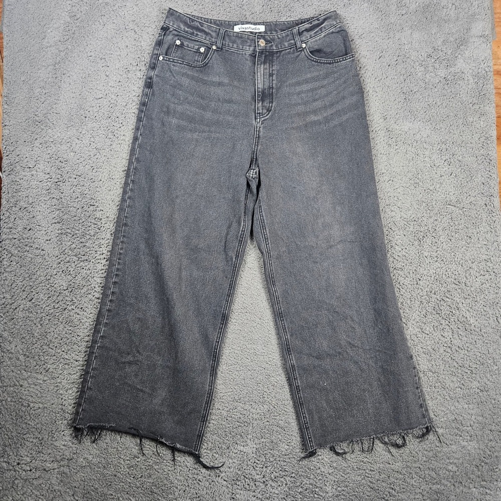 VivaStudio Black Wide Leg Cropped Jeans Frayed Hem High‎ Waist Casual XL